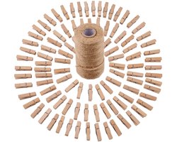 100 STUKS - Mini knijpers - 4.8 cm - Met 1 rol henneptouw (100m) - Houten clips voor fotos - Decoratie Clips - Fotohouder - Knijpers - Wasknijpers - Houtkleur