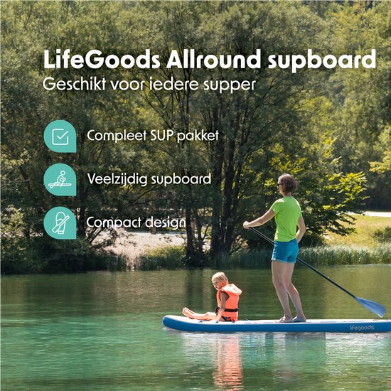 LifeGoods PaddlePro SUP Board - Opblaasbaar Paddle Board - Complete Set - Max. 150KG - 320x81cm - Wit/Sky Blue