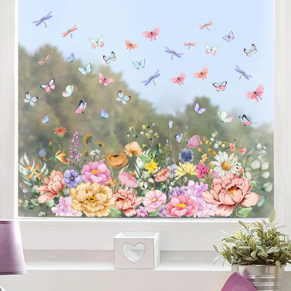 Kleurrijke planten en bloemen vlinder libel Raamsticker Bloemen, Muursticker, Raamstickers, Tuin Vlinder, Planten, Bladeren, Raamfolie, Glas, Raamdecoratie, Muursticker