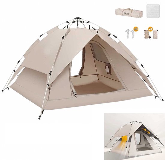 Kampeertent XXL -Dubbellaagse Zilverlijm koepeltenten-Waterdicht en winddicht-Automatische koepeltent voor 3-4 personen-220*200*145CM-Pop-up tent-campingtent met deur en raam-Met mat en Tenttouw-voor buiten, familie, kamperen, wandelen, jagen