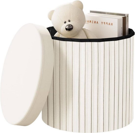 PINPLUS Opvouwbare Opbergkruk 43x43x45 cm, Poef met Deksel als Bijzettafel voor Woonkamer en Slaapkamer, Wit