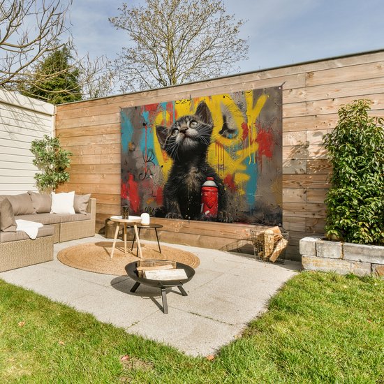 Tuinposter 180x120 cm - Tuindecoratie - Graffiti - Kitten - Street art - Kat - Dier - Poster voor in de tuin - Buiten decoratie - Schutting tuinschilderij - Muurdecoratie