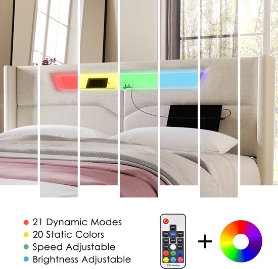 Tête de lit d'un lit beige avec éclairage LED réglable aux couleurs de l'arc-en-ciel et une télécommande.