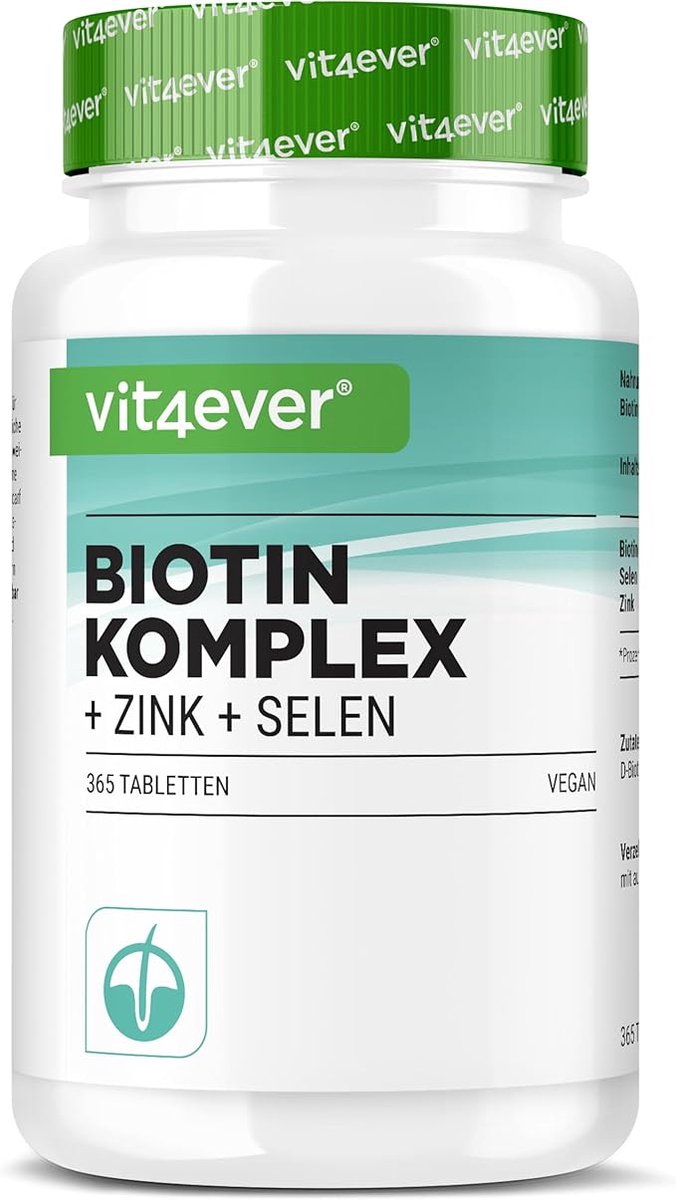 Biotine hoge dosis 1.000 mcg + selenium + zink voor huid, haar & nagels - 365 veganistische tabletten - Premium: Met bioactieve biotine & zink bisglycinaat van Albion | Vit4ever