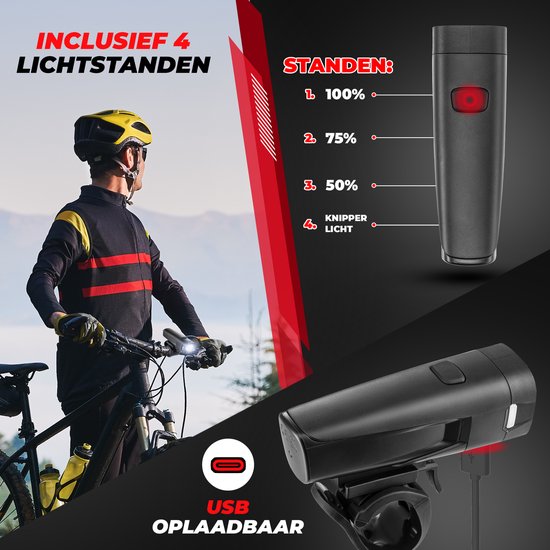 Lumora Fietsverlichting Set - 500 Lumen LED - USB Oplaadbaar Fietslicht Voor en Achter - 1000m bereik - Waterdicht - Voor Racefiets, MTB en Fietsen — afbeelding 4