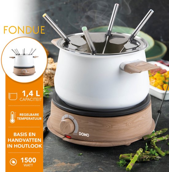 DOMO DO736F Fonduepan - Elektrische Fondueset - 8 personen - 1500W - 1,4 L - Houtlook/Wit — afbeelding 2