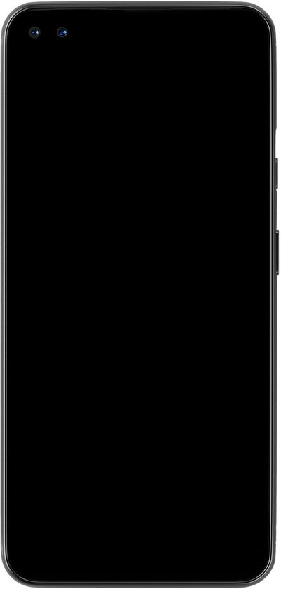 Zwarte smartphone met een zwart scherm, camera's aan de voorzijde.