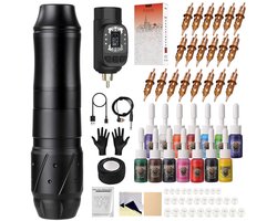Goodivery® - Tattoo Machine Beginners Set - Tattoo Set - Tattoo Set Compleet - 1600 mAh - 20 Stuks Naalden - 14 Tattoo Kleuren - 19x14x13cm - Zwart
