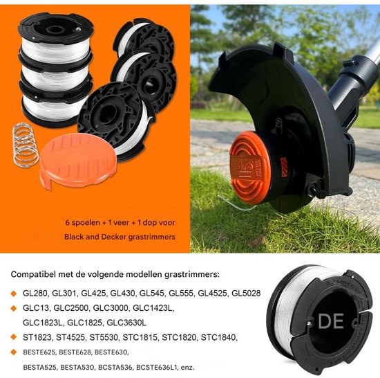 Spoelrandlijn - Compatibel met Black en Decker - Ø1,65 mm - Met 9 m randlijn - Bevat 1 vervangende spoelkap en 1 vervangende veer - 6 stuks van WiKi_PRO — afbeelding 4