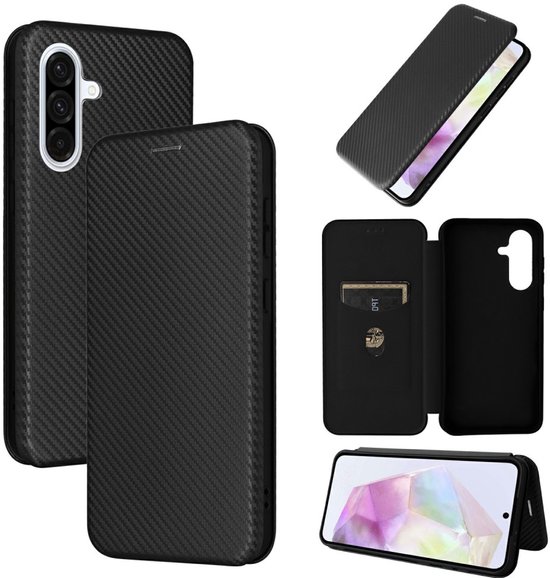 Telefoonhoesje geschikt voor Samsung Galaxy A26 5G / A17 / A16 zwart carbon fiber agenda wallet hoesje