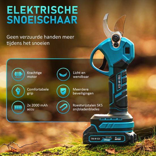 Blauwe elektrische snoeischaar met krachtige motor, comfortabele grip, 2x 2000 mAh accu, en roestvrijstalen SK5 snijbladen.