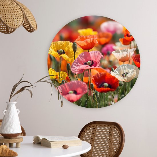 WallCircle® Wandcirkel 60x60 cm - Muurcirkel Bloemenveld - Klaprozen - Kleurrijk - Muurdecoratie woonkamer - Wanddecoratie slaapkamer - Kamer decoratie accessoires - Ronde schilderijen