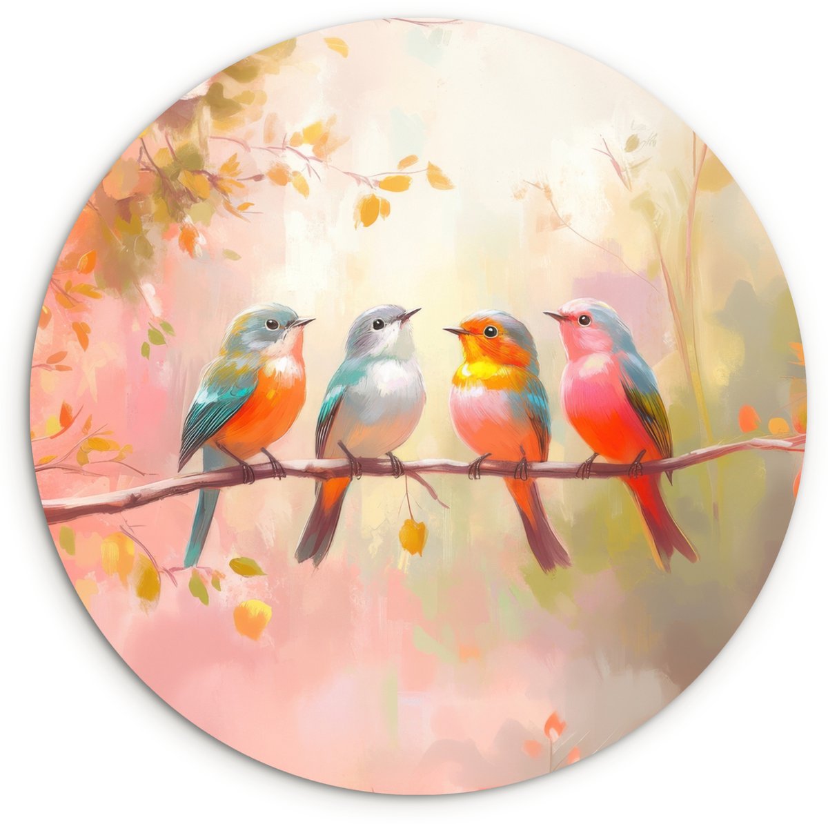 WallCircle Wandcirkel 150x150 cm - Muurcirkel Vogels - Kleurrijk - Tak - Muurdecoratie woonkamer - Wanddecoratie slaapkamer - Kamer decoratie accessoires - Ronde schilderijen