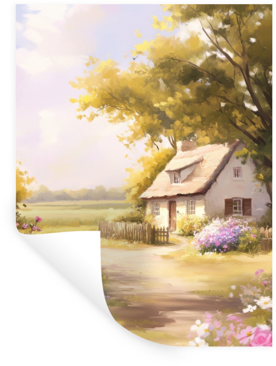 Muurstickers - Sticker Folie - Huisje - Hout - Bloemen - 120x160 cm - Plakfolie - Muurstic