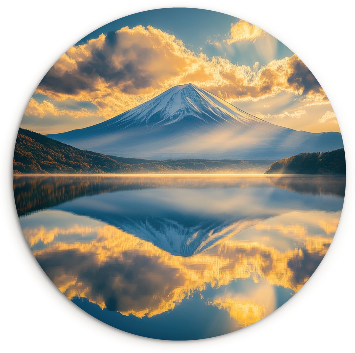 WallCircle Wandcirkel 60x60 cm - Muurcirkel Berg - Rivier - Zonsondergang - Muurdecoratie woonkamer - Wanddecoratie slaapkamer - Kamer decoratie accessoires - Ronde schilderijen Landschap - Bergen
