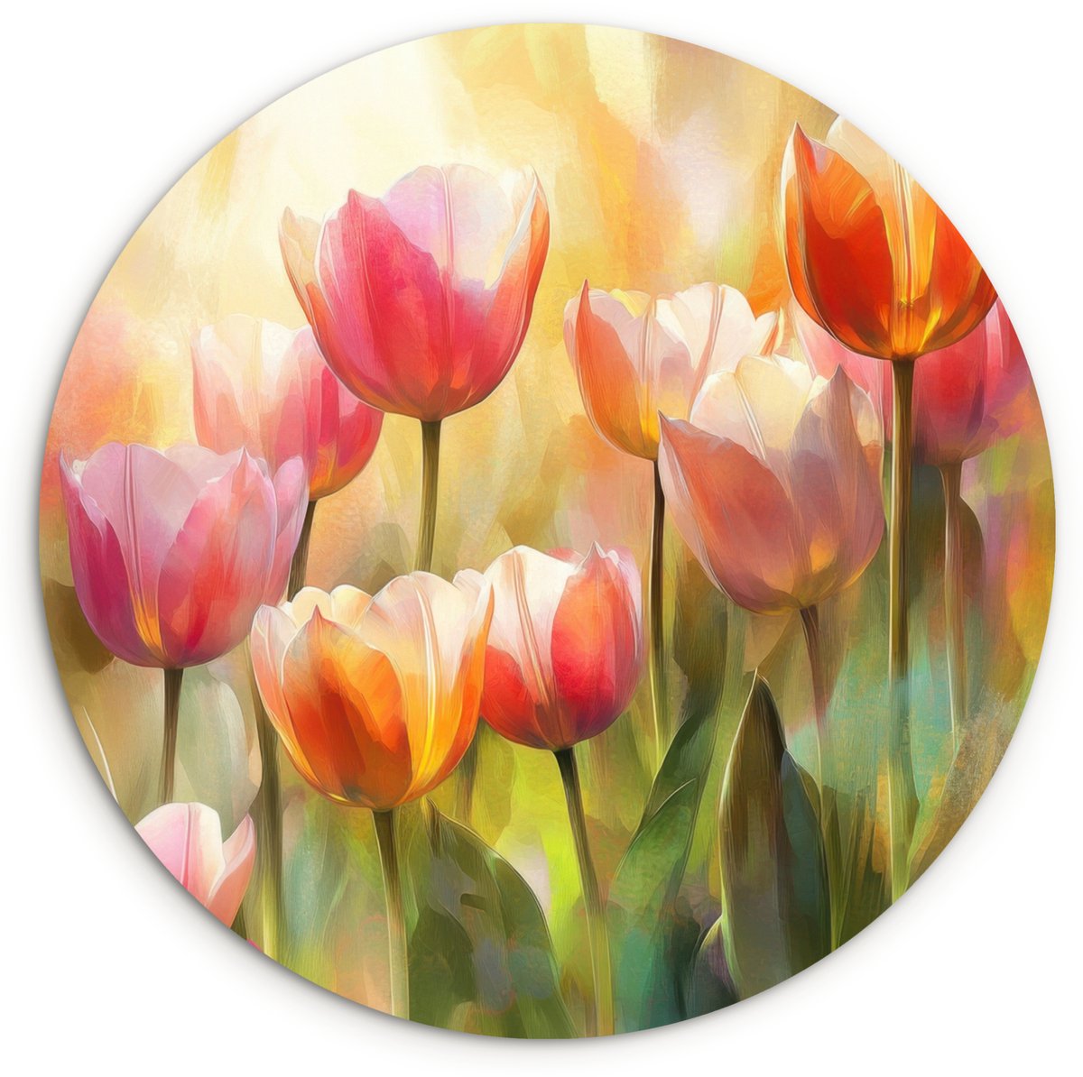 WallCircle Wandcirkel 30x30 cm - Muurcirkel Tulpen - Sprookjesachtig - Kleurrijk - Muurdecoratie woonkamer - Wanddecoratie slaapkamer - Kamer decoratie accessoires - Ronde schilderijen Tulpen - Kleurrijk