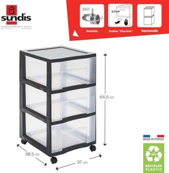 SUNDIS Tag Tower, petite tour de rangement en plastique noir, 3 tiroirs SUNDIS Tag Tower, petite tour de rangement en plastique noir, 3 tiroirs