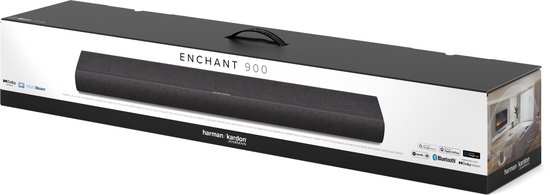 Doos van de Harman Kardon Enchant 900 soundbar met een afbeelding van de soundbar en productdetails.