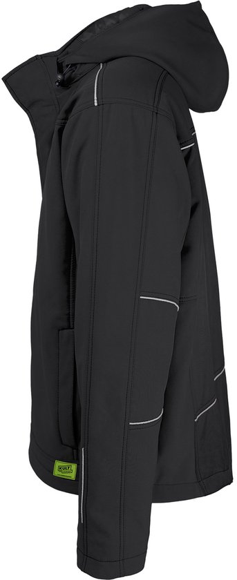 Zijkant van zwarte TMG KULT WORKER softshell werkjas met capuchon en reflecterende biezen.