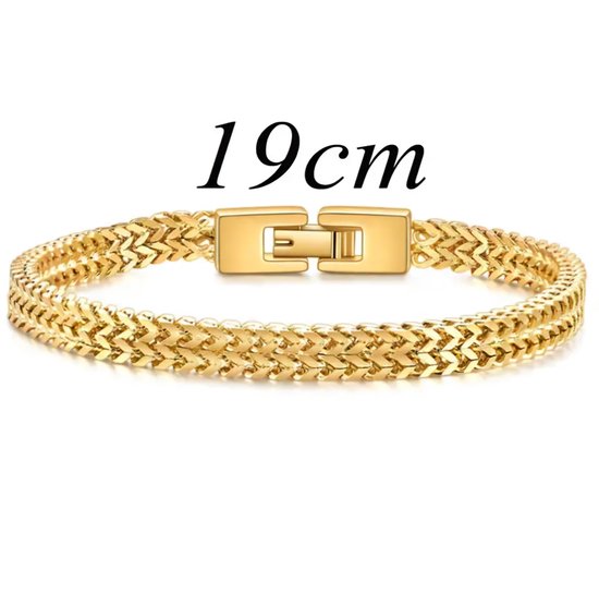 Gouden 19 cm schakelarmband met een dubbele rij schakels en een rechthoekige gesp.