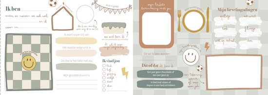 Gedetailleerde invulpagina van een vriendenboekje met secties zoals 'Ik vind jou' en 'Mijn grootste droom'.
