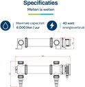 Technische tekening van een UV-c apparaat met afmetingen, maximale capaciteit 6.000 liter/uur en 40 watt energieverbruik.