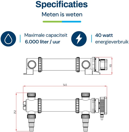 Technische tekening van een UV-c apparaat met afmetingen, maximale capaciteit 6.000 liter/uur en 40 watt energieverbruik.