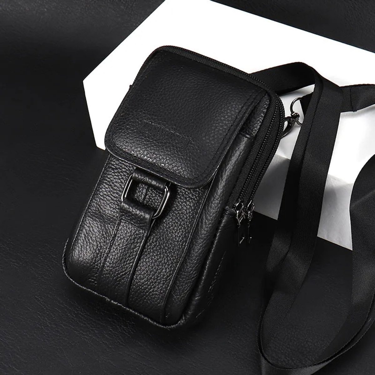 WiseGoods Premium Leren Schoudertas Heren - Telefoontas - Crossbody Sling Bag - Riem Tas - Tassen - Tasje - Schoudertassen Zwart