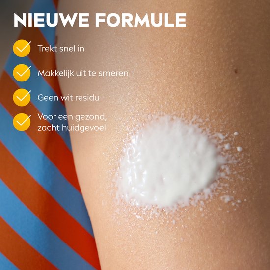 Nieuwe formule: zonnebrandcrème trekt snel in, smeert makkelijk uit, geen wit residu, zacht huidgevoel.