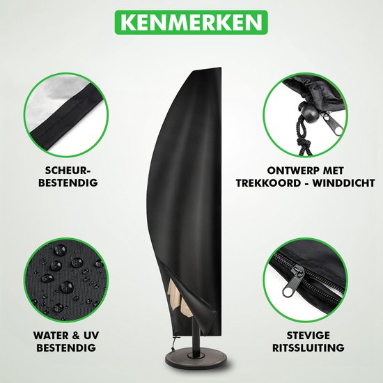 Detailopnames van een zwarte parasolhoes: scheurvast, water- en UV-bestendig, trekkoord, ritssluiting.