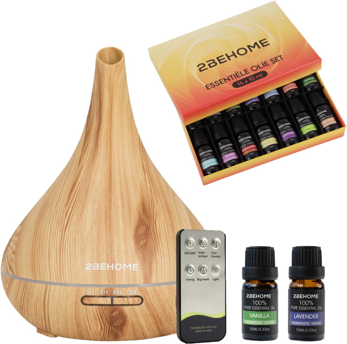Goedkoopste 2BEHOME Aroma Diffuser Set 550 ML - 16 Etherische Oliën - Afstandsbediening - Lichte Houtlook - Etherische Olie voor Aromadiffuser - Luchtbevochtiger - Geurverspreider voor Aromatherapie - Essential Oil