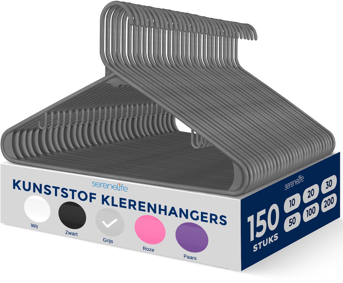 SereneLife Kleerhanger - Plastic Hangers - Antislip Ruimtebesparende Kledinghangers - 150 Stuks - Duurzaam en Sterk voor Hemden, Truien, Hoodies, Kinderkleding en Jurken - Lichtgewicht - Grijs
