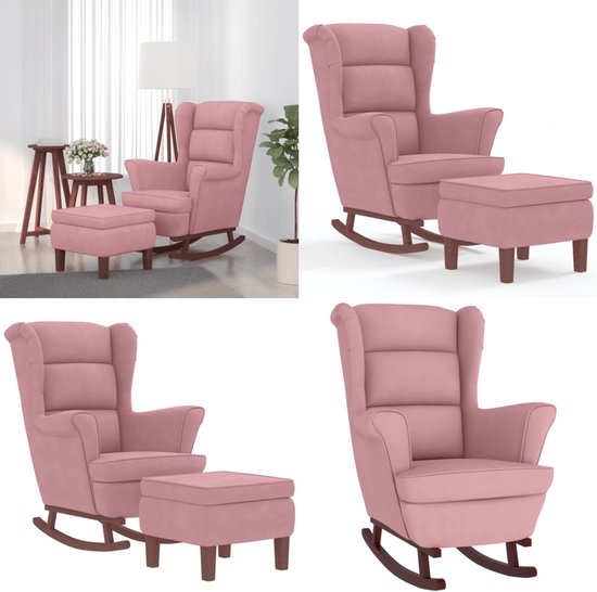 BestAlice schommelstoel, gestoffeerde schommelstoel met lendenkussen en houten voet, stillstoel, Teddy Velvet gestoffeerd met zijzakken, ligstoel voor woonkamer slaapkamer balkon, Roze