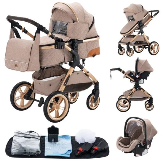 Dropon Kinderwagen - Wandelwagen - Buggy - 3 in 1 - Babyveiligheidszitje (maxi-cosi) - Beige - Inklapbaar - Verstelbaar - Met mommybag - Beige