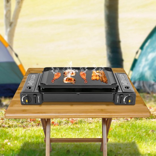 Hanimo Tafel Bbq - Campinggaspit - Gasbrander Camping - Camping Gasstel - Camping Bbq - Camping Kooktoestel - Fornuis 2 pits - Draagbare Kookplaat - Afneembare Bakplaat - 64x28cm - Zwart van Hanimo — afbeelding 4