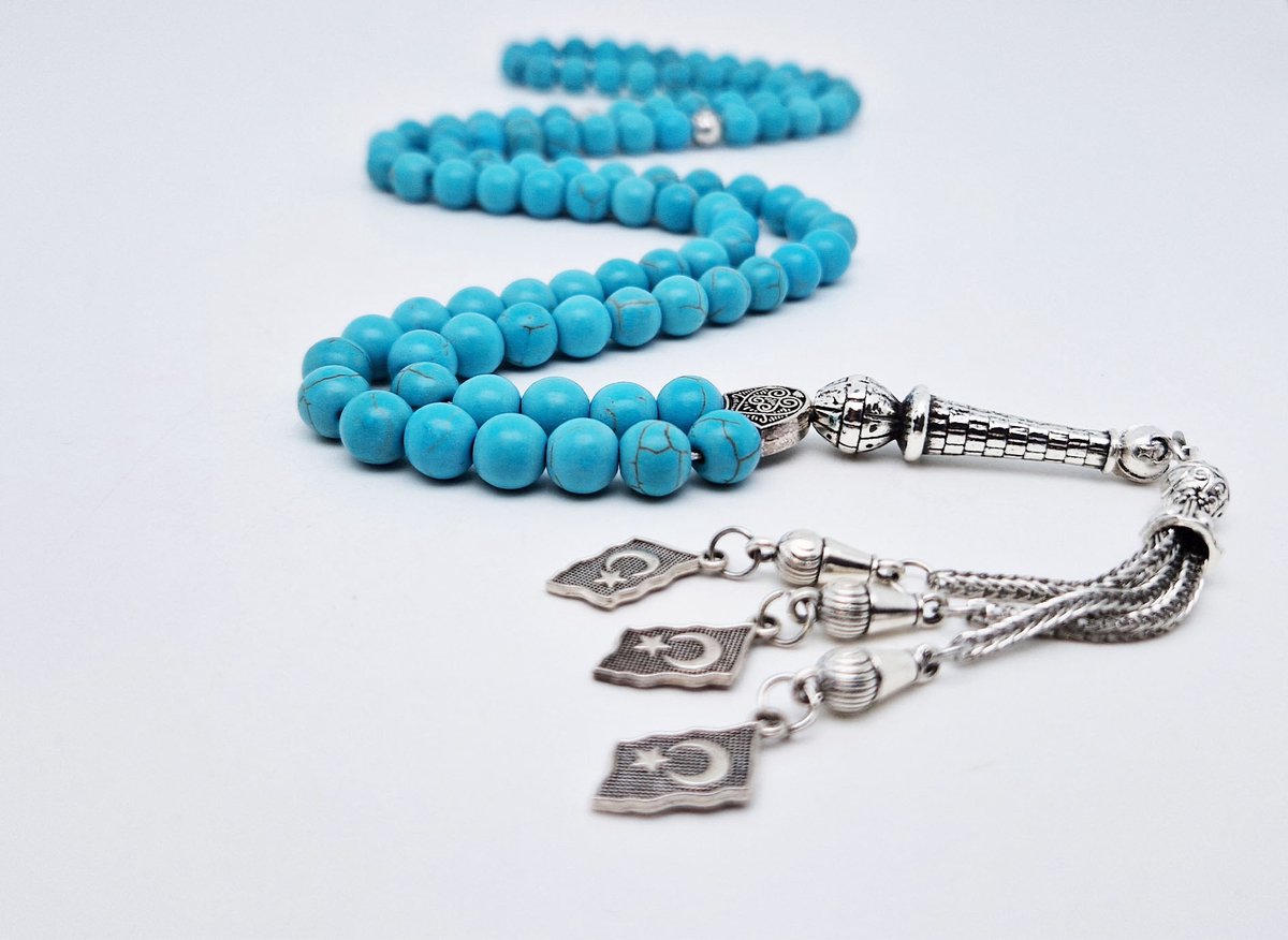 Handgemaakte tesbih "Tasbih" natuursteen "Turkoois" - Aantal kralen 99 - Diameter kralen 8MM - met metaal tassel "Turkiye" - Een mooi cadeau-idee