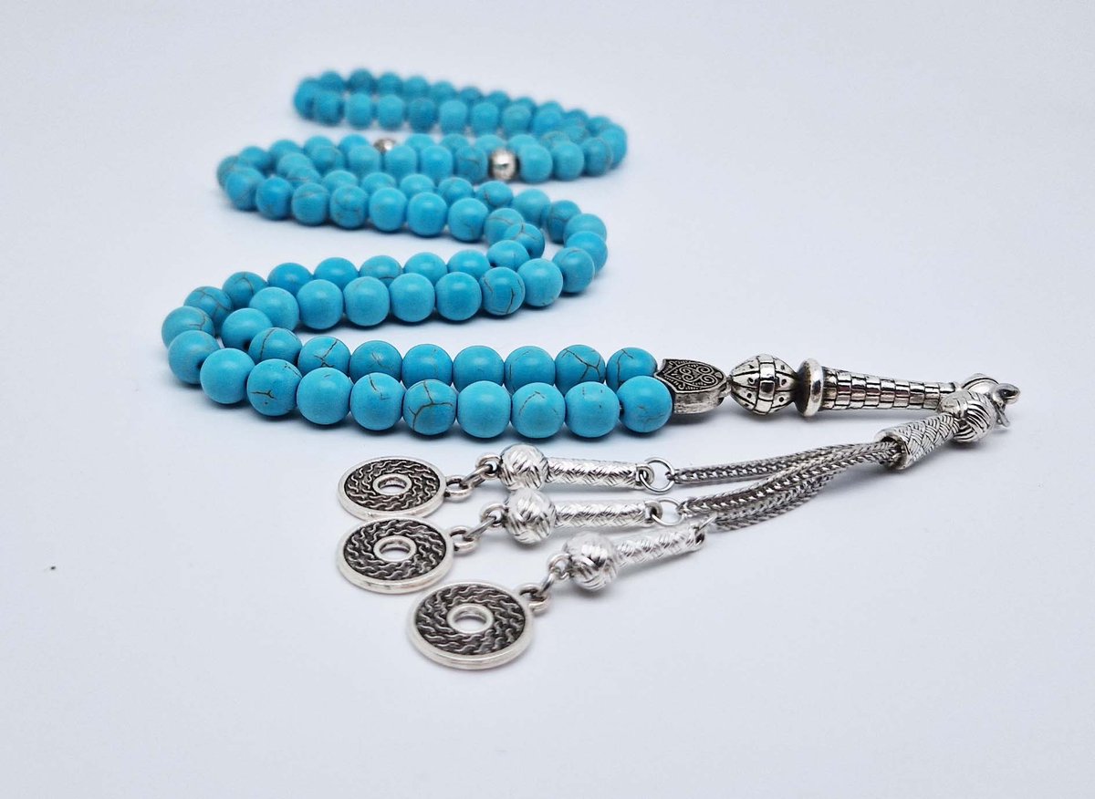Handgemaakte tesbih "Tasbih" natuursteen "Turkoois" - Aantal kralen 99 - Diameter kralen 8MM - met metaal tassel "Omarmen" - Een mooi cadeau-idee