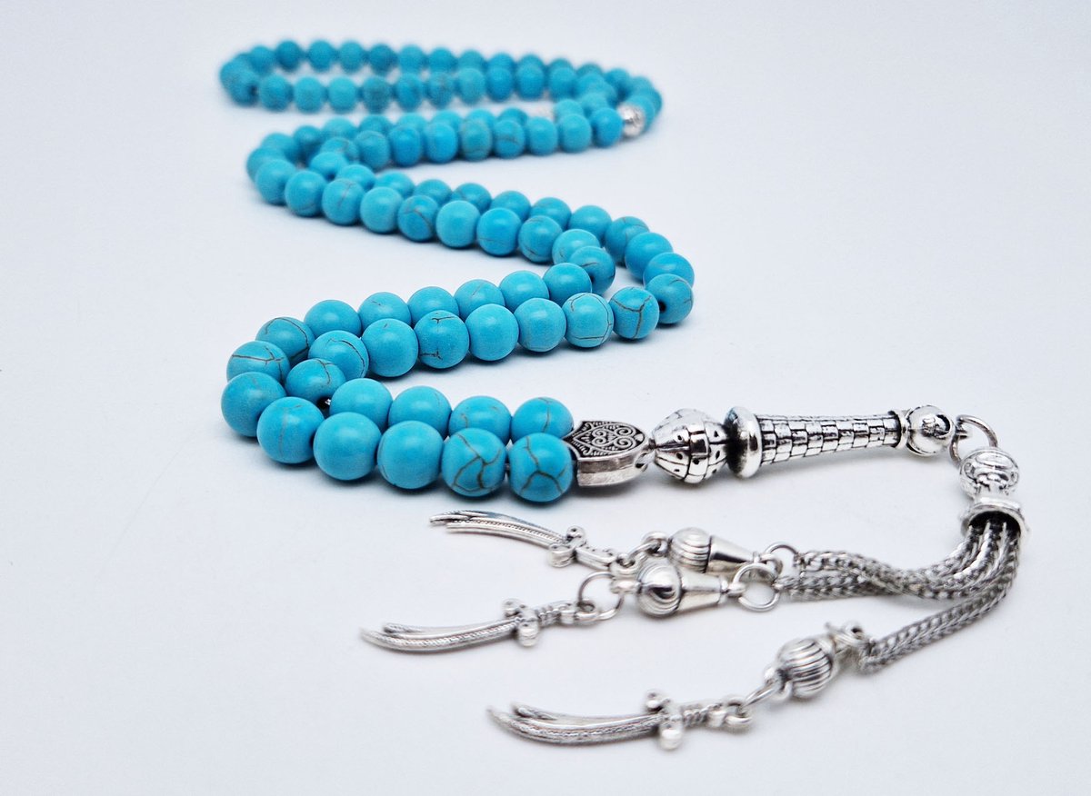 Handgemaakte tesbih "Tasbih" natuursteen "Turkoois" - Aantal kralen 99 - Diameter kralen 8MM - met metaal tassel "Zwaarden" - Een mooi cadeau-idee
