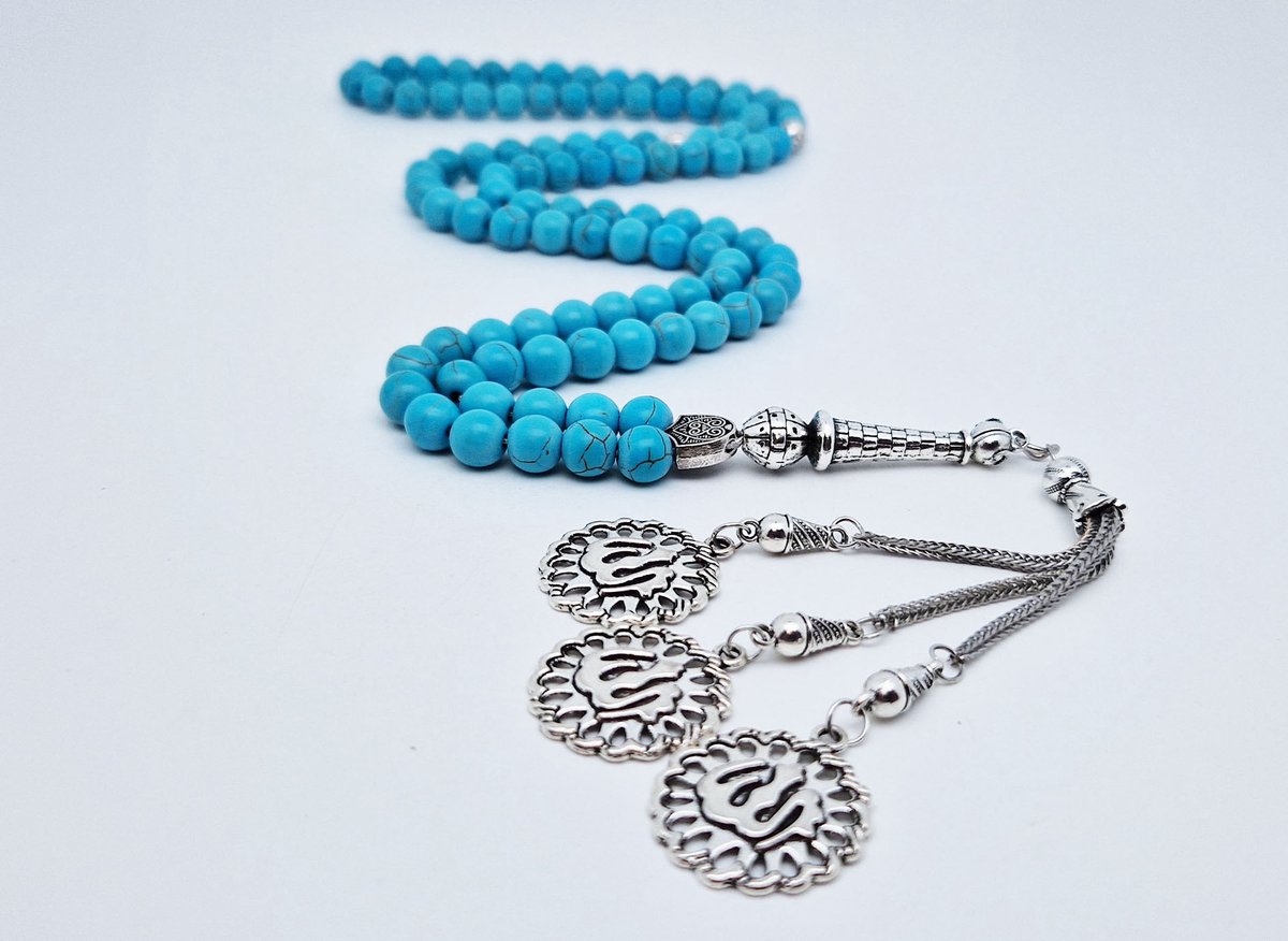 Handgemaakte tesbih "Tasbih" natuursteen "Turkoois" - Aantal kralen 99 - Diameter kralen 8MM - met metaal tassel "Allah Muzakhrafa" - Een mooi cadeau-idee