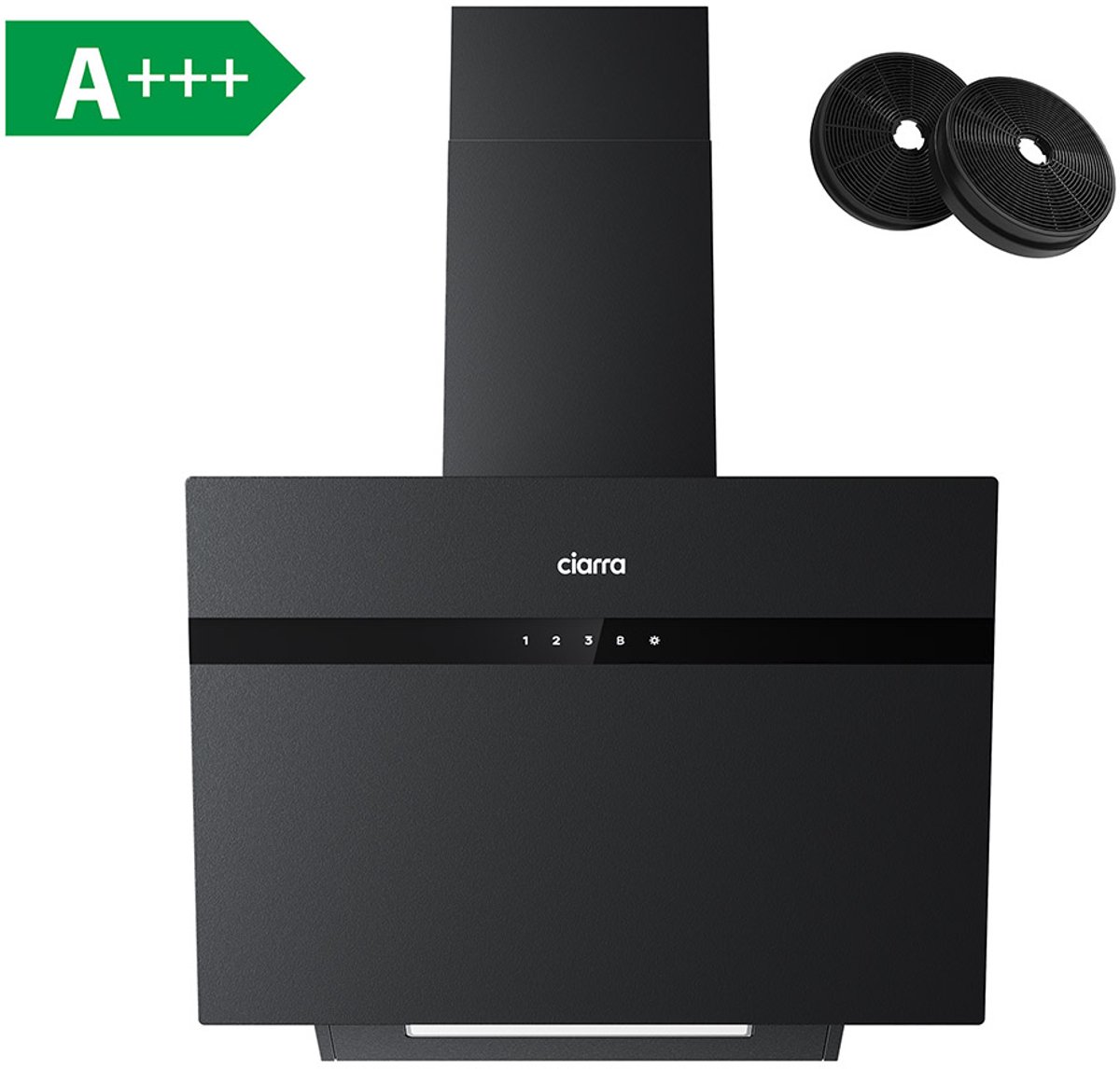 CIARRA CBCG6736H-G 60cm Schuine Afzuigkap Zwart – Melkglas met anti-vingerafdruk – met WiFi - inclusief set koolstoffilters – 650m3 - energieklasse A+++