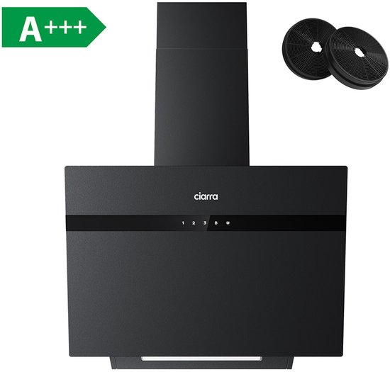 CIARRA CBCG6736H-G 60cm Schuine Afzuigkap Zwart – Melkglas met anti-vingerafdruk – met WiFi – inclusief set koolstoffilters – 650m3 – energieklasse A+++