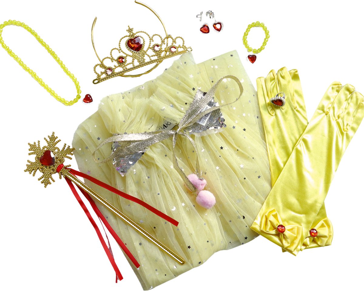 Joya Kids® Verkleedcape met Accessoires Licht Geel | Prinsessencape | Cape Set | Unicorn | Meisje Verkleedset | Carnvalskleding Meisjes | Met Kroon, Staf, Handschoenen en Sieradenset — afbeelding 5