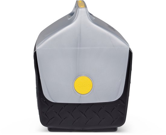 Zwarte Igloo Playmate koelbox met zilverkleurige deksel en gele knop