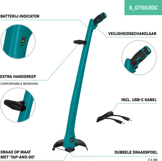 VONROC Grastrimmer 12V - Incl. Accu, usb-c kabel en draadspoel van VONROC — afbeelding 2