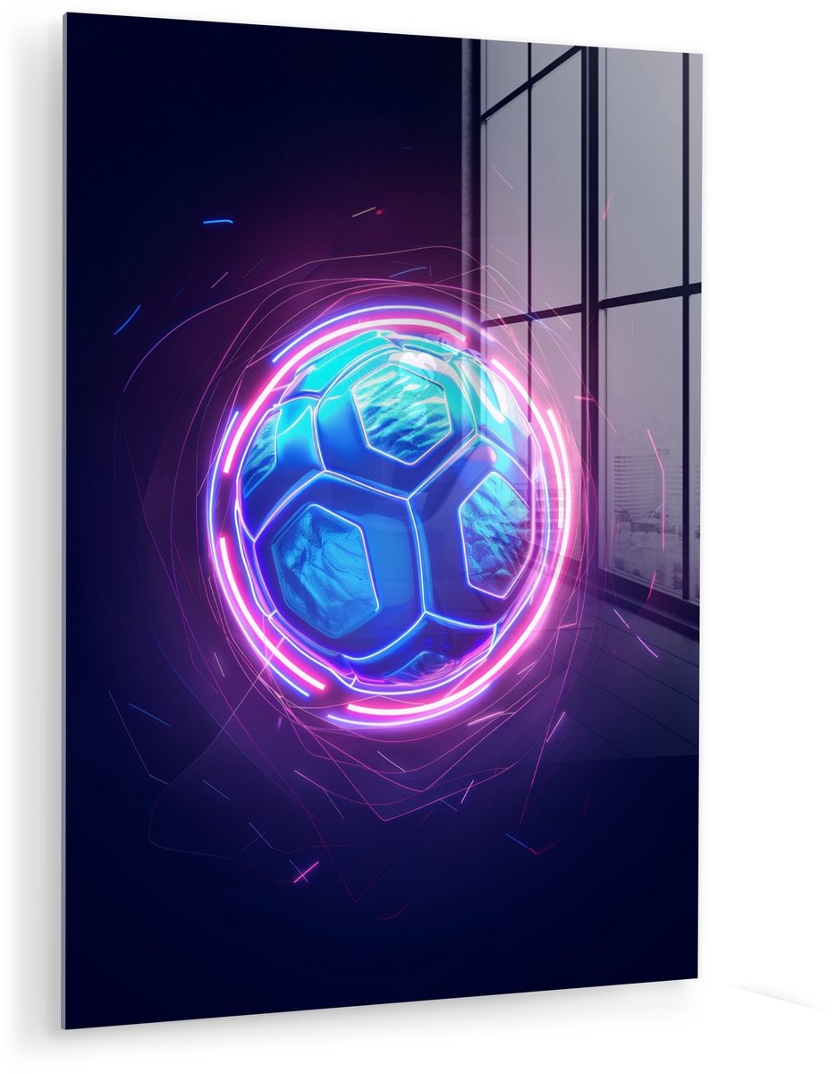 MuchoWow® Glasschilderij 30x40 cm - Schilderij acrylglas - Voetbal - Sport - Blauw - Paars - Foto op glas - Muurdecoratie woonkamer - Wanddecoratie slaapkamer - Schilderijen