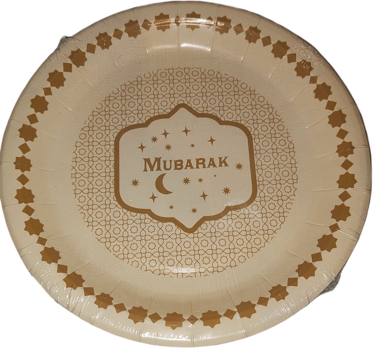 Ramadan Mubarak Wegwerpbordjes | Suikerfeest Servies | Eid Mubarak | Eid al Fitr | Ramadan Feestversiering | Offerfeest | Gebaksbordjes | Koekjesbord| Goud Crème Wit | Wegwerp Servies | Ramadan Decoratie | FSC® Papier | Ø 23 cm | 10 Stuks |