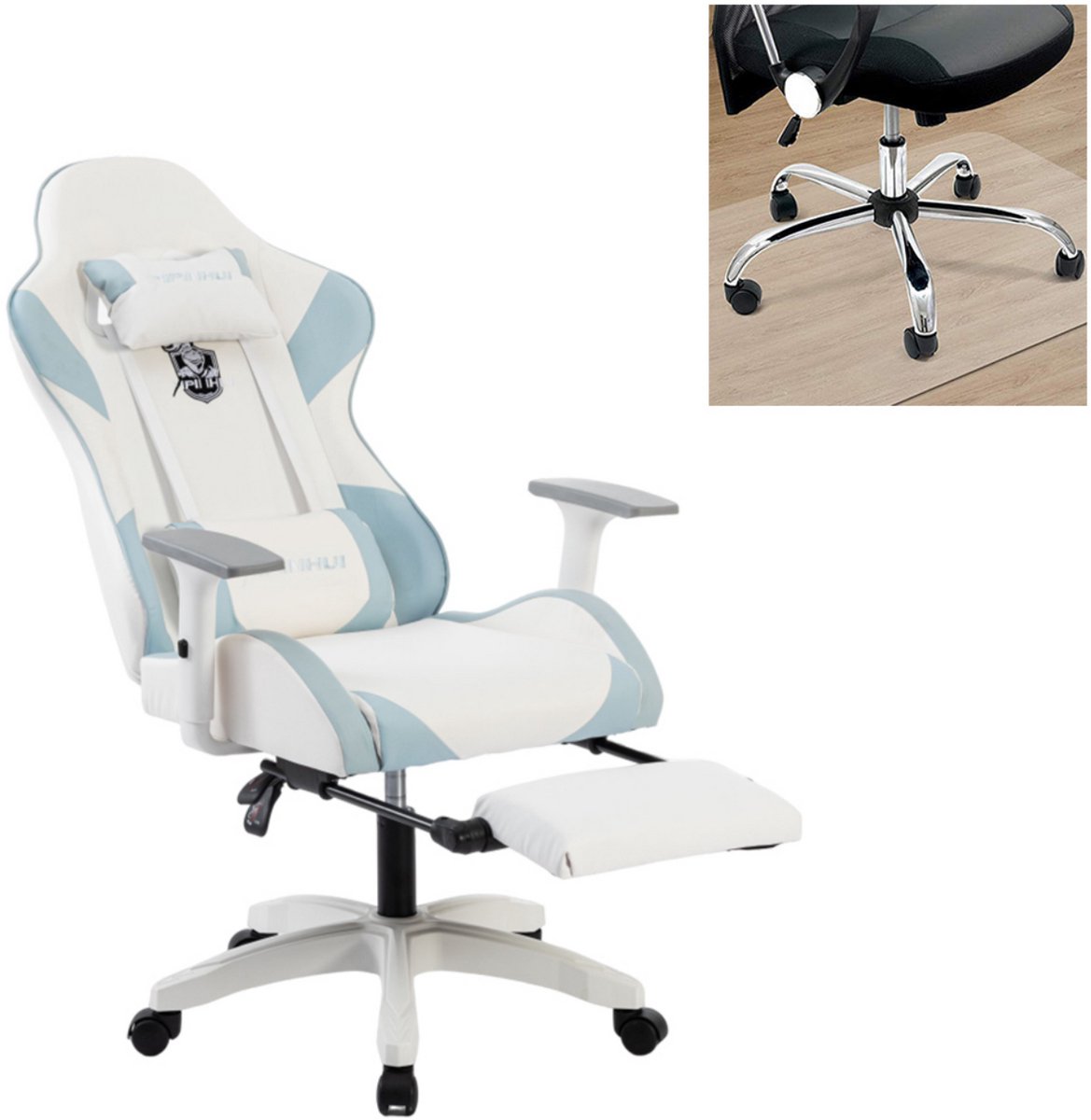 OFMOTRA-Gamestoel-Gaming stoel-hoogteverstelbare gaming stoel-verstelbare armleuningen-met pedaal-met lumbale kussen-hoofdsteun-met vloermat-ondersteuning 200KG-blauw