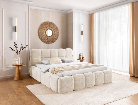 Bed sorano- 160X200- boxspring bed met opbergruimte- zonder matras- beige taupe teddy bouclé stof