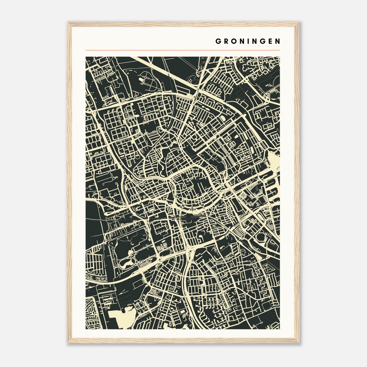Moderne minimalistische plattegrond van Groningen - Stadskaart donkergrijs/beige - Stijlvol design city map poster - Groot formaat 50x70 cm - Premium papier