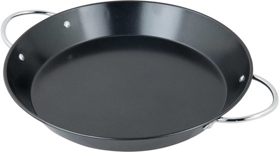 Zwarte Campingaz paellapan met twee zilverkleurige handvatten, ø 35 cm.